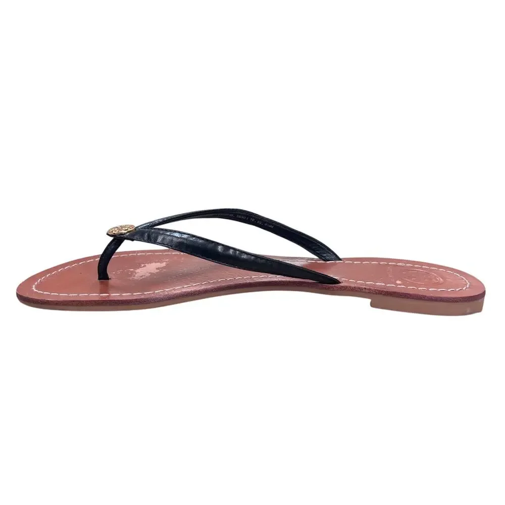 Tory Burch Charm Black Leather Flip Flop Strap  Sandals 8.5